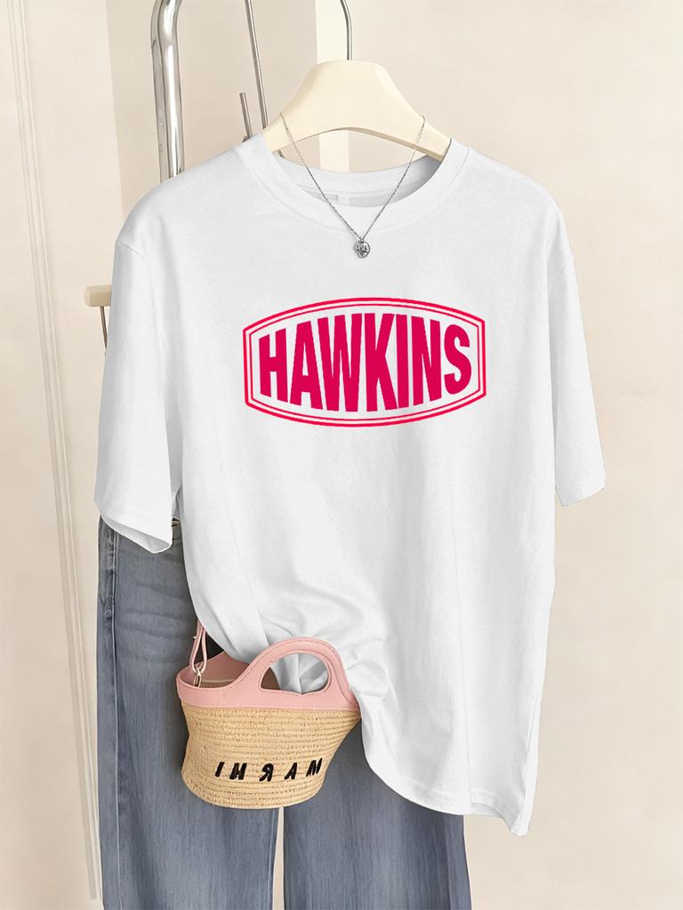 Hawkins Letter Logo Prints TShirts Women Summer Loose Short Sleeve Tops Soft ONeck T Shirts Basics Comfortable Womans Clothes