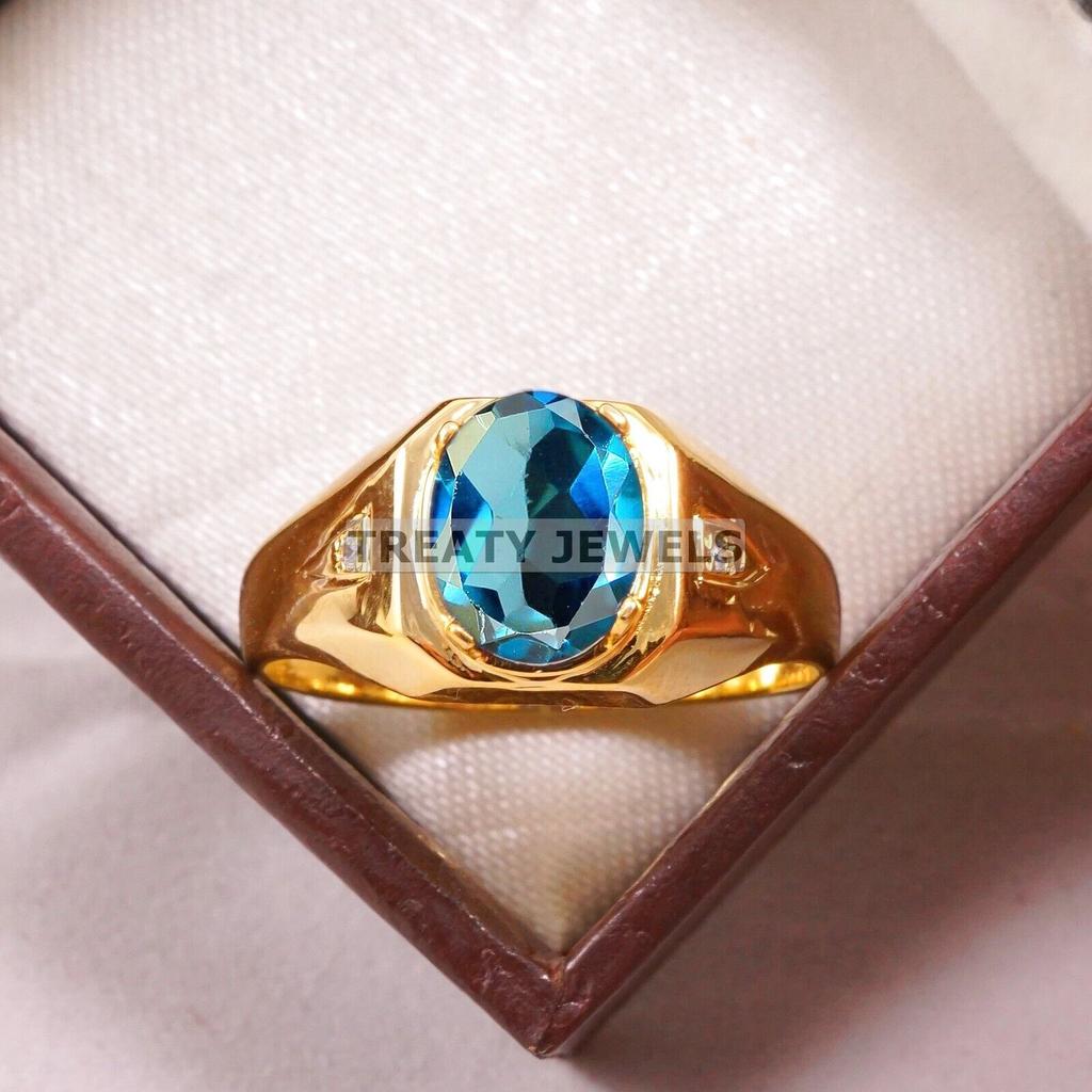 London Blue Topaz Oval With 925 Silver Sterling Gold Plated Ring For Men's #B231 JL375675983952