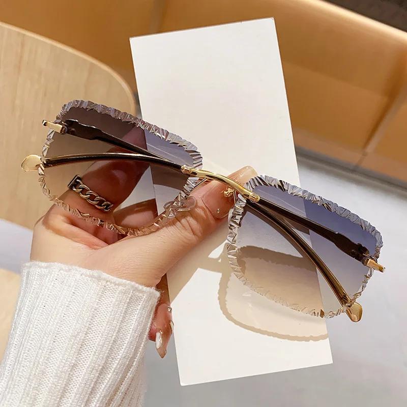 Vintage Rimless Square Sunglasses Women For Men Luxury Brand Designer Sun Glasses Punk Popular Metal Diamond Cutting Shades