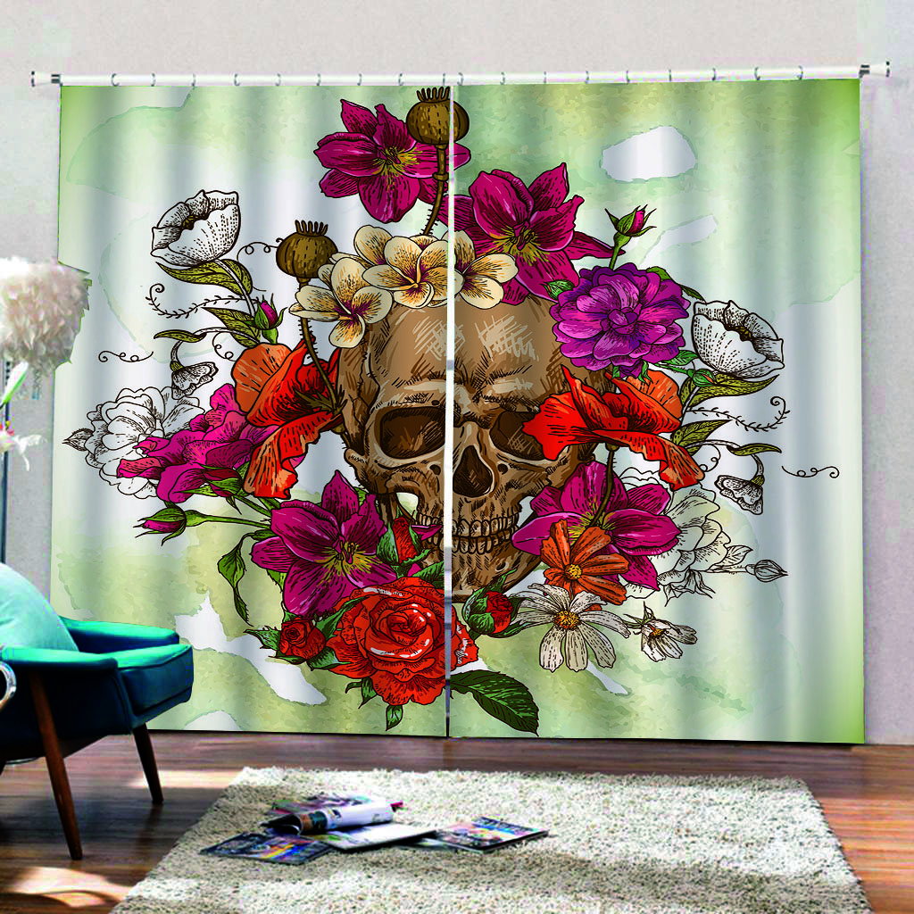 Personality 3D Printed Ebony Mystery Skull Rose Drapes 2 Panel Livingroom Space Bedchamber Balcony Study Decorative Drapes