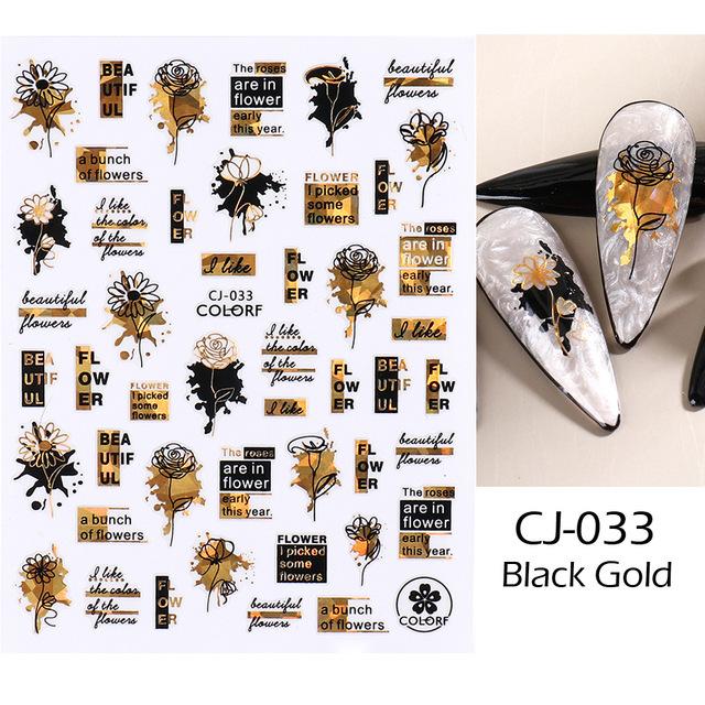 3D Flowers Leaves Nail Stickers Decals Gold Black Bronzing Flowers Gradient Adhesive Sticker Nail Design Art Decorations