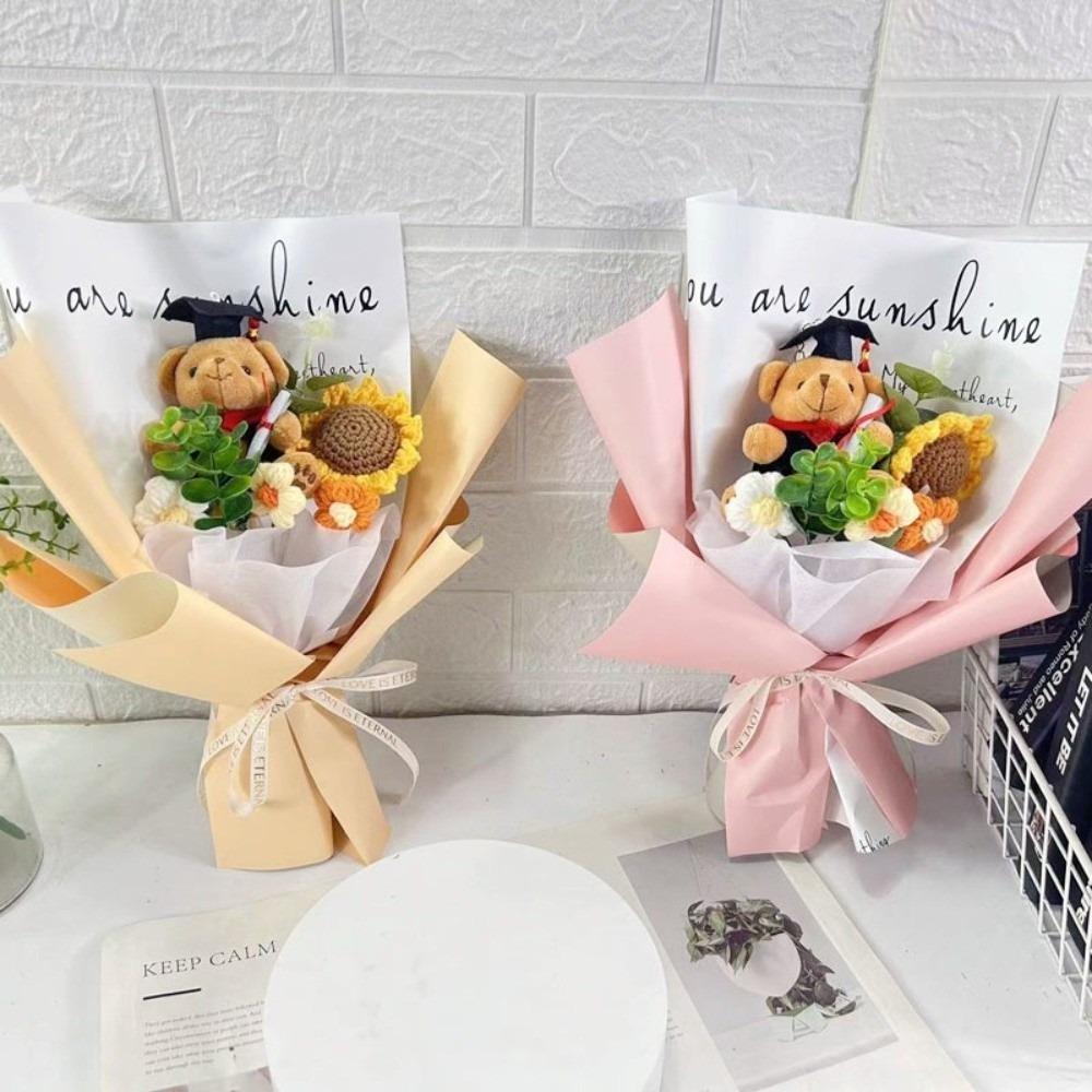 New Lovely Bear Simulated Flower Bouquet Crochet Sunflower Handmade Sunflower Flowers Animal Bouquet Graduation Ceremony