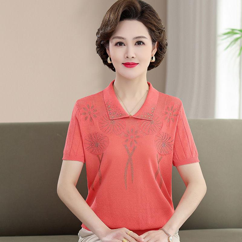 Mom's Summer Short Sleeved Stylish Ice Silk T-shirt Middle-aged and Elderly Lapel Top Slimming Knit T-shirt