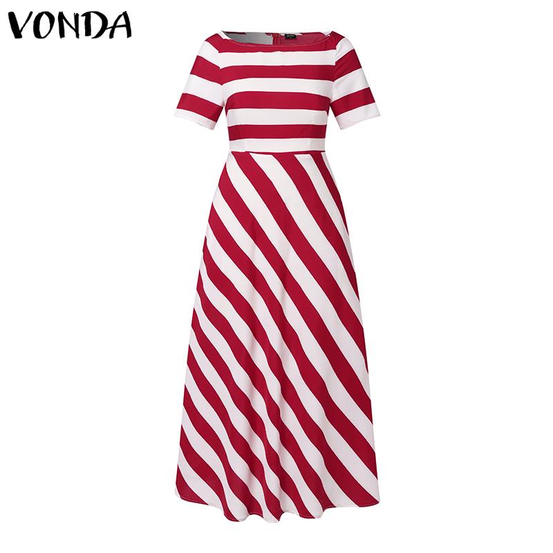 VONDA Женское летнее платье реглан с коротким рукавом и карманом, асимметричное, в полоску, длинное