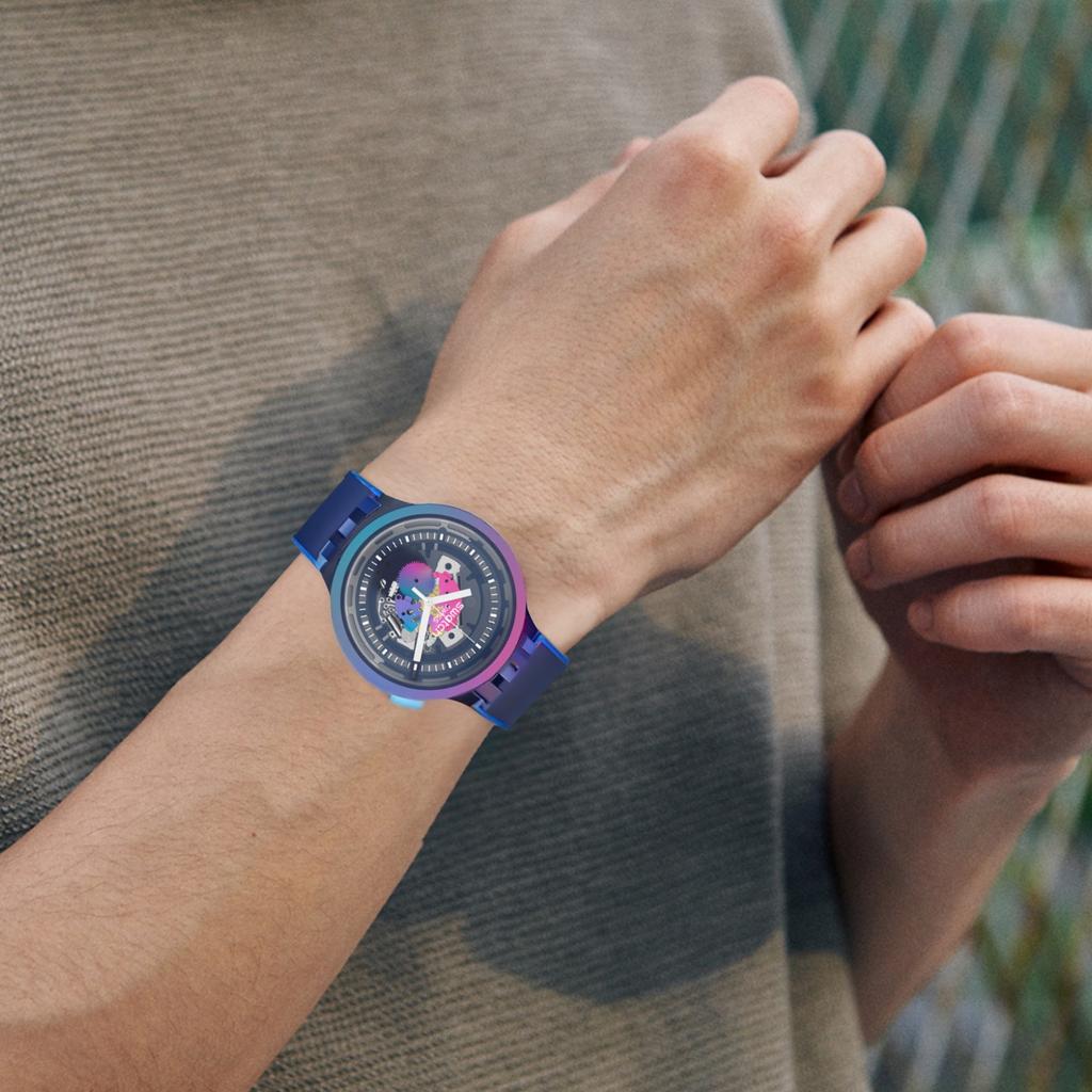 Swatch Кварцевые часы Популярные Простые Водонепроницаемые Унисекс Швейцарские Часы 47 мм Фиолетовый Циферблат Пластиковый Корпус Силиконовый Ремешок SO27N112