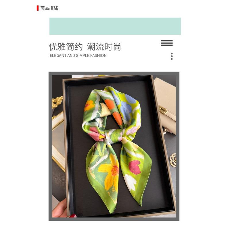 Korean Style Oil Painting Printed Silk Like Square Scarf For Women