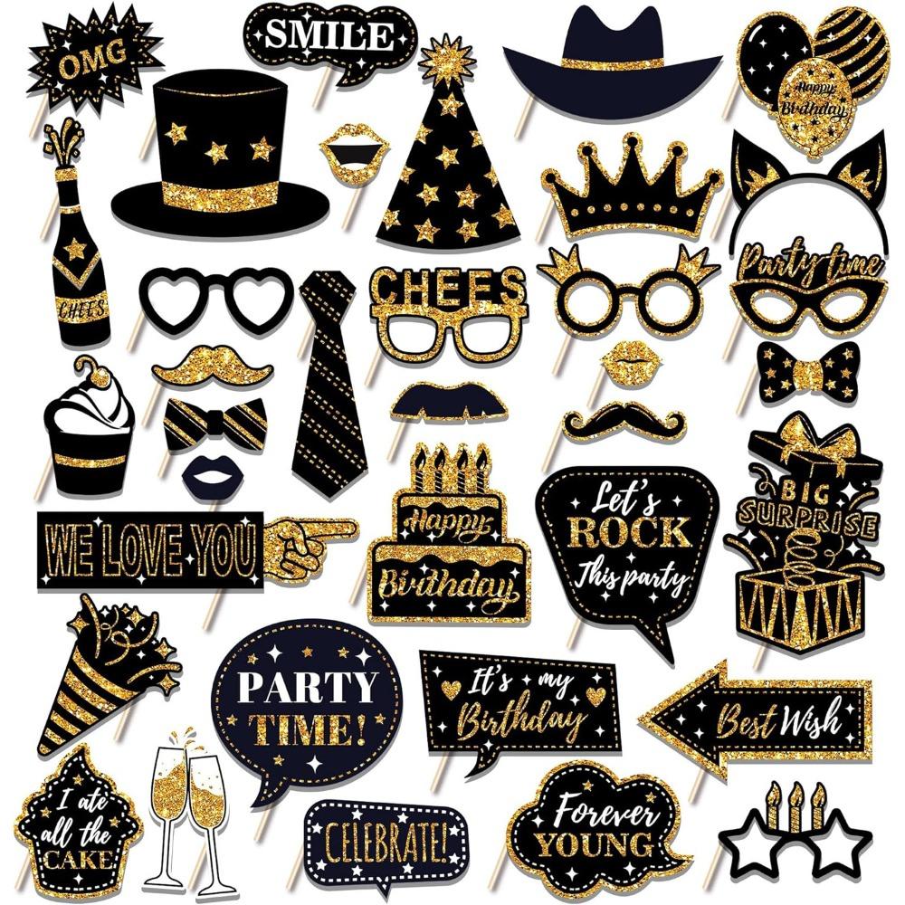 36pcs Black Gold Photo Booth Props Paper Dress Up Costume Mask Holiday Ball Decor
