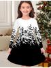 Girls' Autumn and Winter Fashion Dress, 3D Abstract Pattern Print Round Neck Long Children's T-shirt Dress, Casual Versatile, Christmas Clothing