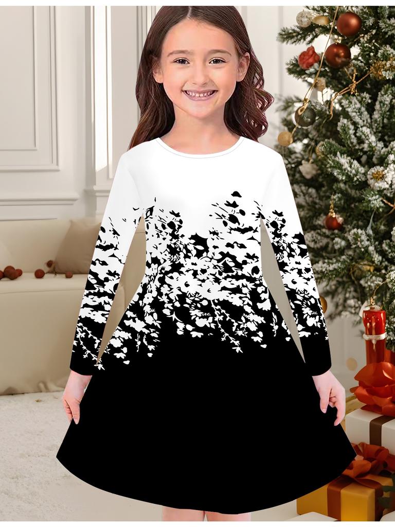 Girls' Autumn and Winter Fashion Dress, 3D Abstract Pattern Print Round Neck Long Children's T-shirt Dress, Casual Versatile, Christmas Clothing