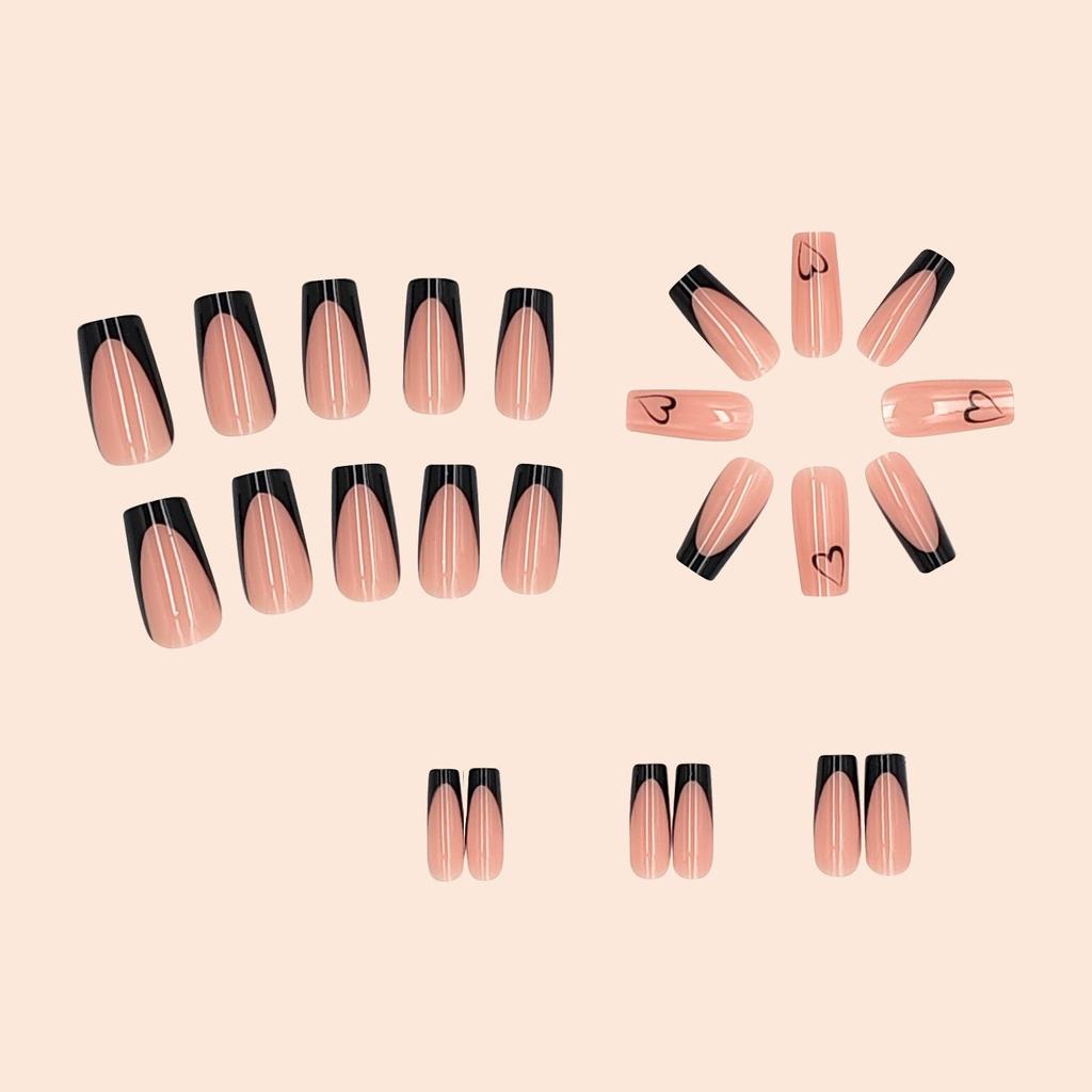 24-Piece Box of Medium-Long Black French Heart Press-On Nails