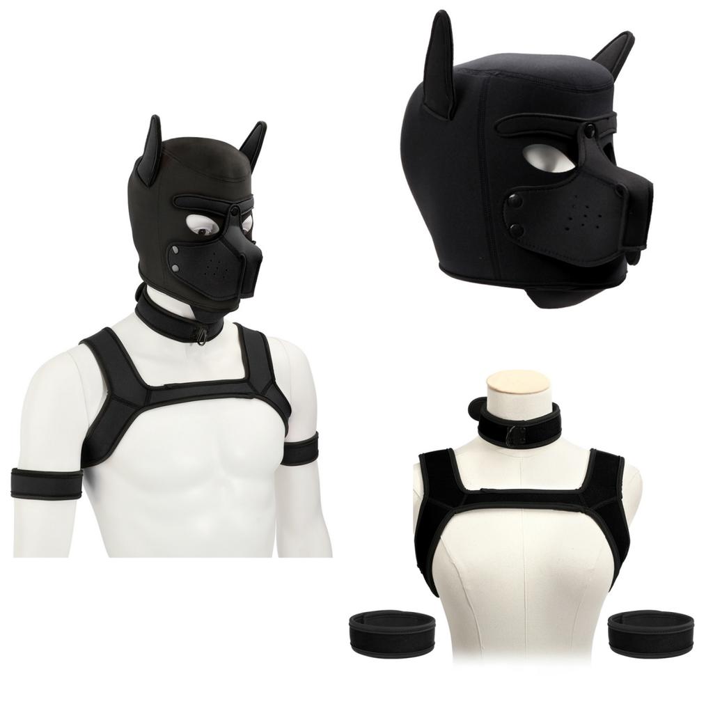 4Ps Unisex Sexy Exotic Costumes Padded Rubber Full Head Hood Masks With Collar for Dog Roleplay Accessories Padded Puppy Cosplay