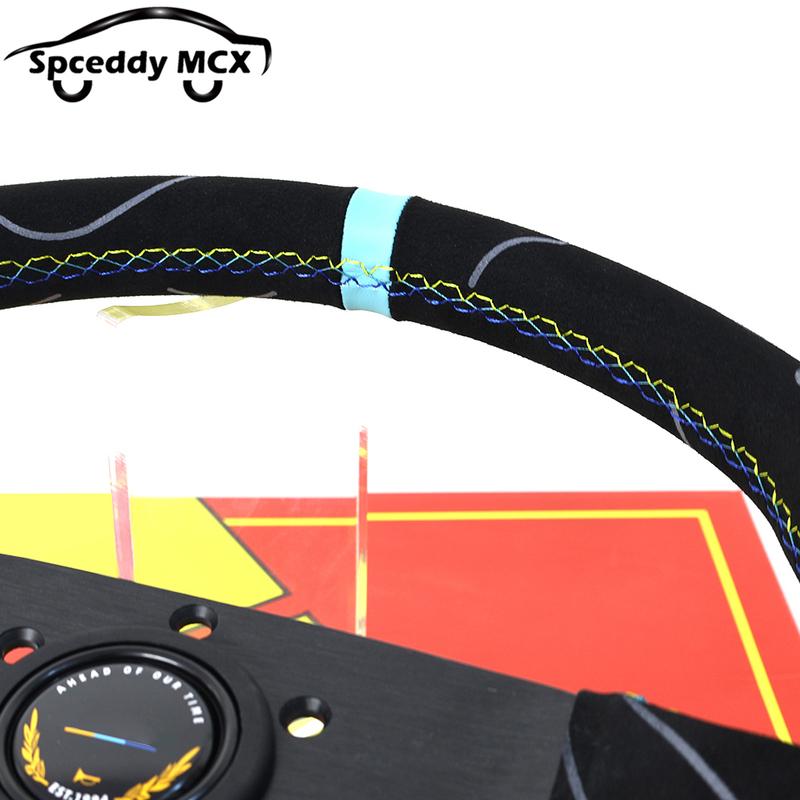 JDM Suede Leather Steering Wheel Drift Sport Pull Up Steering Wheel 14inch 350mm Flat V1