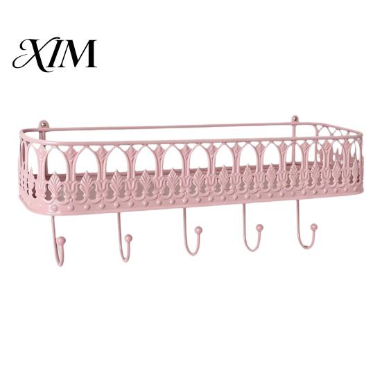 Wall Mounted Storage Rack Floating Shelves, Metal Shelf with 5 Hooks, Key Holder Rustic Plant Stand Mail Organizer, for Entryway Living Room