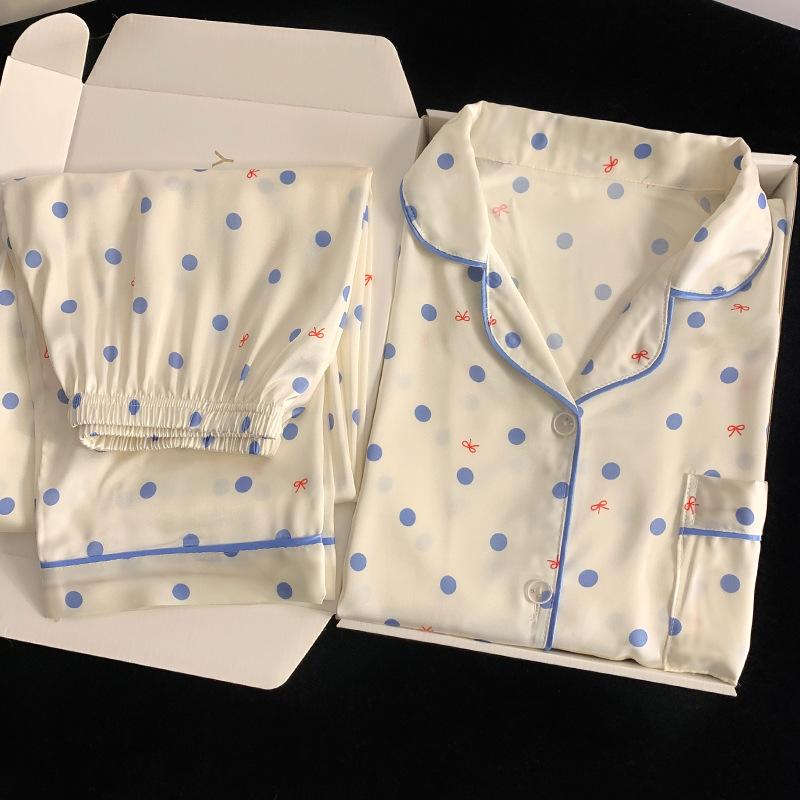 Spring and Autumn Ice Silk Pajamas Homewear Set Girls Fresh Long Sleeve Long Pants Premium Feeling Pajamas Homewear Set