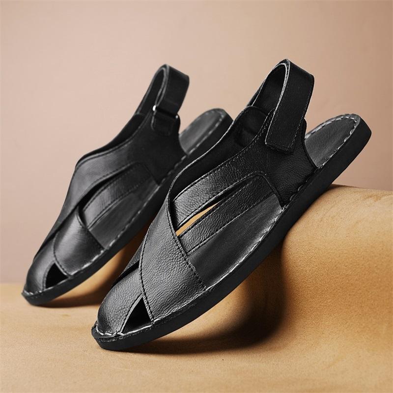 Men's Genuine Leather Casual Sandals Breathable Non Slip Flat Shoes For Summer Outdoor Driving Beach Walking Minimalist Fashion