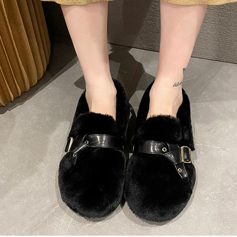 Женская хлопковая обувь 2024 года, зимняя новая корейская версия, удобная хлопковая обувь для отдыха на природе, с пряжкой на ремне, плюшевая, пушистая, теплая женская обувь