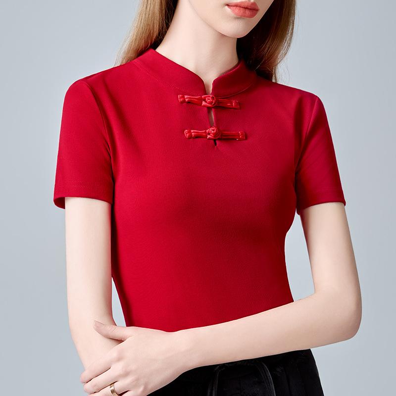 Новая китайская футболка с воротником-стойкой и короткими рукавами для женщин на лето, новая женская ретро-футболка в китайском стиле с пуговицами, шикарный топ