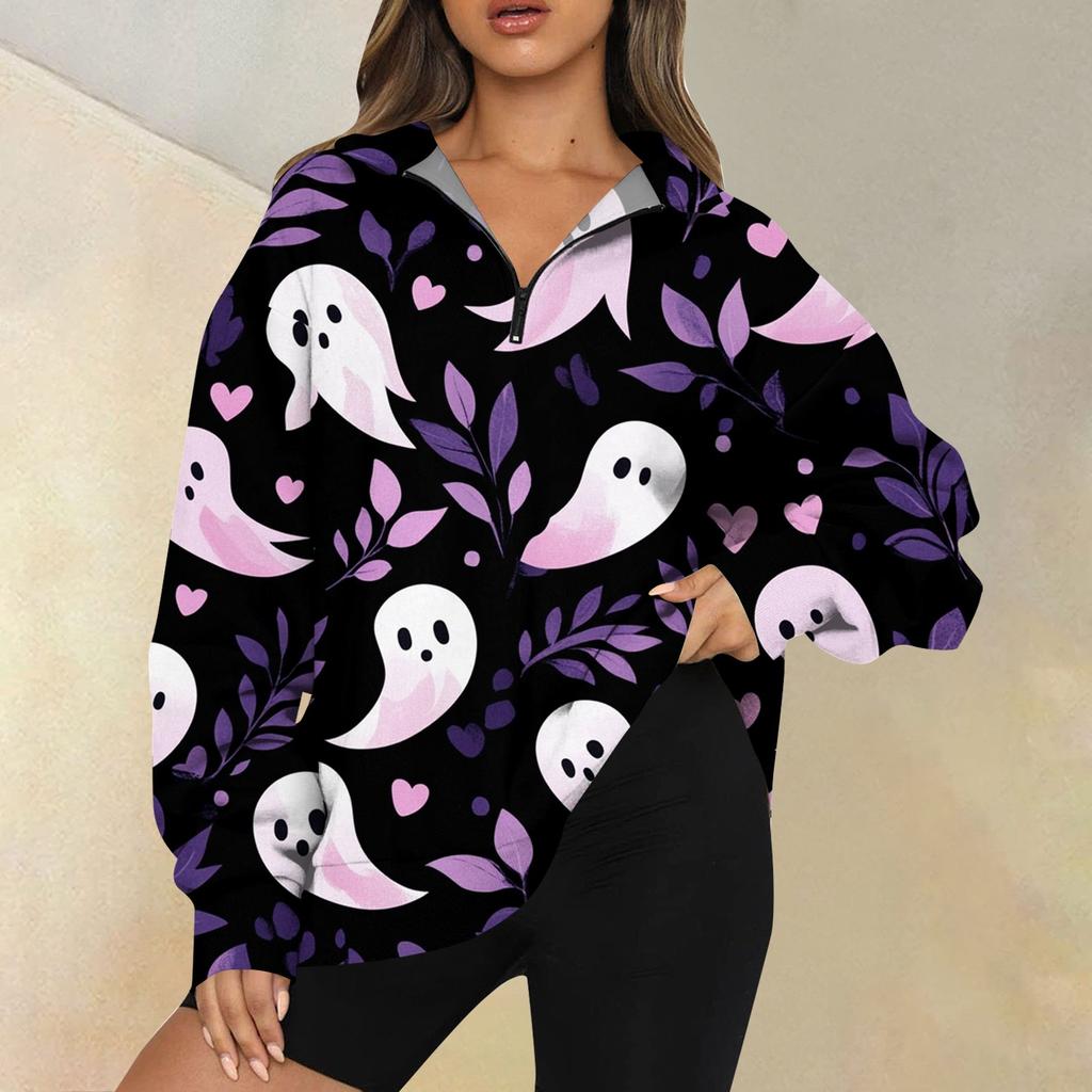 Женская мода повседневная толстовка с длинным рукавом и принтом на молнии с высоким воротом и заниженными плечами