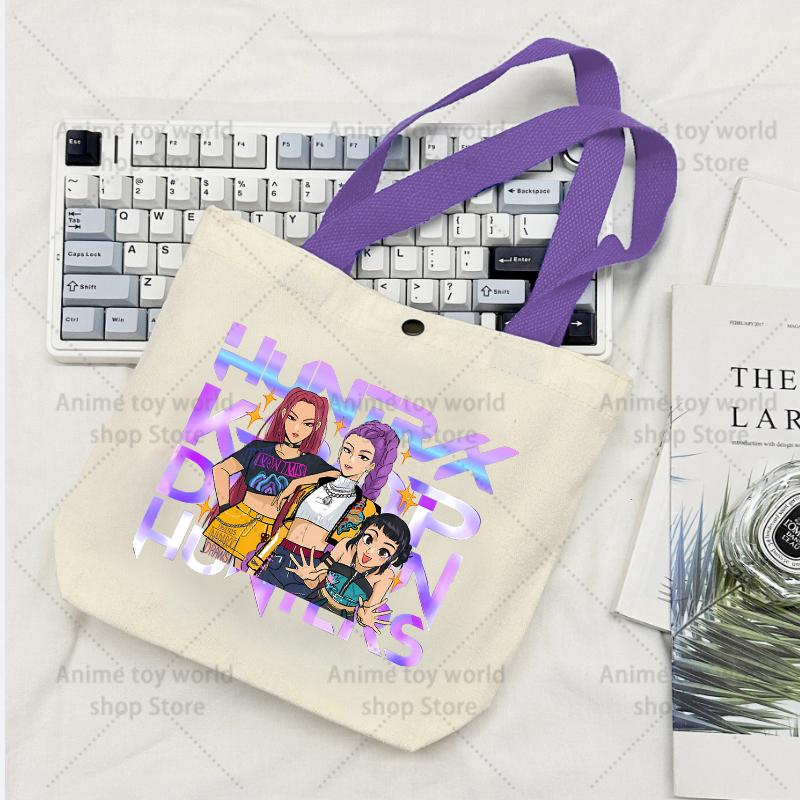KPop Demon Hunters GIRLS Canvas Shopping Bags Women Cotton Tote Bags Reusable Cartoon Letter Shoulder Bag Grocery Handbag Beige