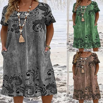 Женская мода Лето Весна Принт Короткий рукав Круглый вырез Свободная линия талии Повседневные платья Большой размер