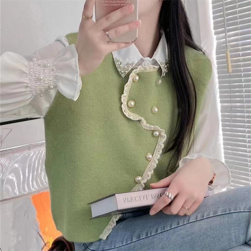 Корейский ретро-стиль с небольшим ароматом, жилет с кружевной кромкой, вязаный кардиган для женщин 2024 года, новый повседневный дизайн, свитер