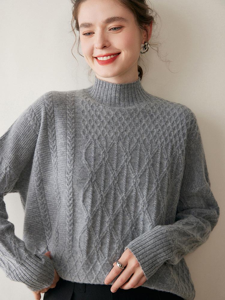 Women's Cashmere Cable Knit Sweater: Warm, Thickened Pullover with Half-High Neck for Autumn & Winter