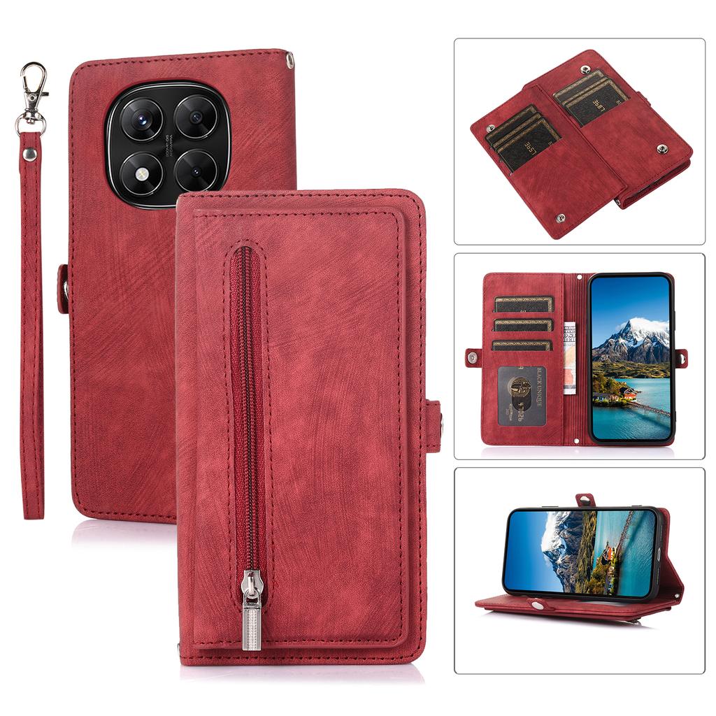 Phone Case For Xiaomi Redmi Note 14 Pro 5G/Note 14 Pro+ 5G/Poco X7 5G ,Zipper Pocket 9 Card Slots PU Leather Cover with Wrist Strap