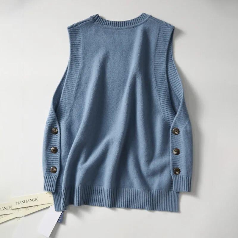Свитер с круглым вырезом, жилеты, женские элегантные свободные вязаные свитера без рукавов, универсальные стильные популярные однотонные свитера с боковыми пуговицами