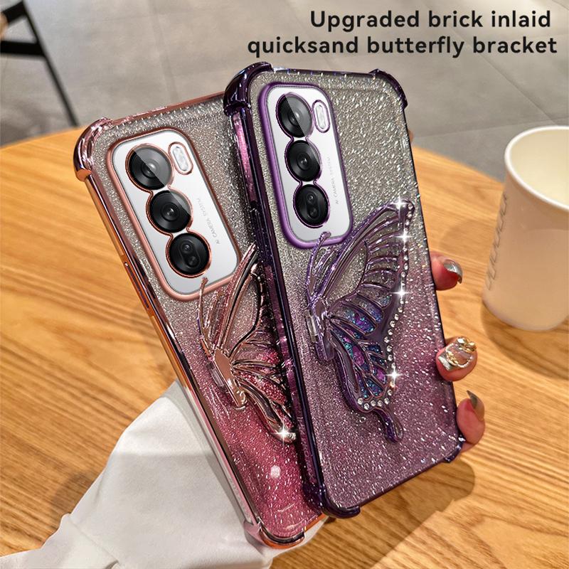 Glitter Shockproof Plating Quicksand Butterfly Phone Holder Case for OPPO Reno 14 14F 13 13F 12 12F 11 11F 10 Pro Silicone Cover