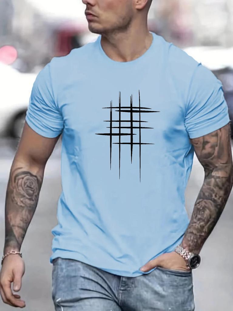 Summer Men's 100% Polyester Casual Loose Size Graphic Line Printed Neck Short-sleeved T-shirt Top