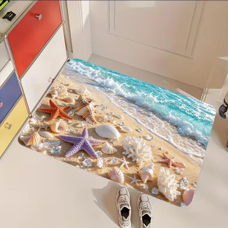 Tropical Blue Beach Sea Wave Starfish Conch Coral Doormat Summer Ocean Print Soft Entrance Rug Indoor Outdoor Carpet