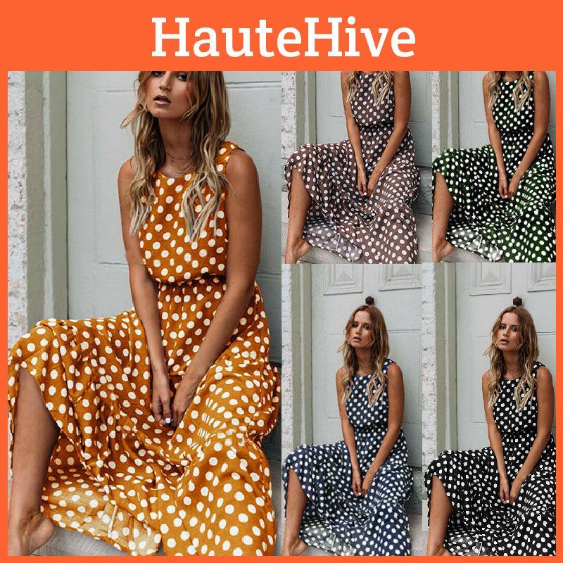 Стильное женское платье макси без рукавов в горошек, идеально подходящее для летних пляжных каникул