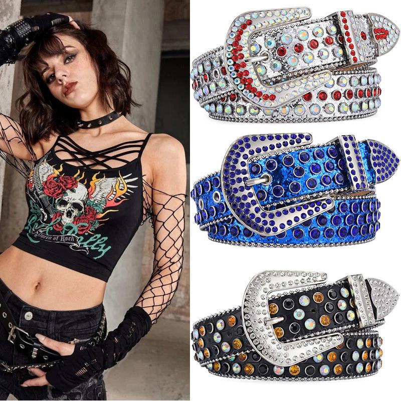 Men's Jeans Rhinestone Large Size Belt Women's Belt Western Denim Shiny Rivet Design Leather HipHop Punk Rock Y2K Style Belt