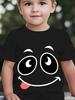Cute Big Eyes Smiley Face Sticking Tongue Graphic Short Sleeve Tee Funny Cartoon Expression Print Casual Top For Toddler Kids