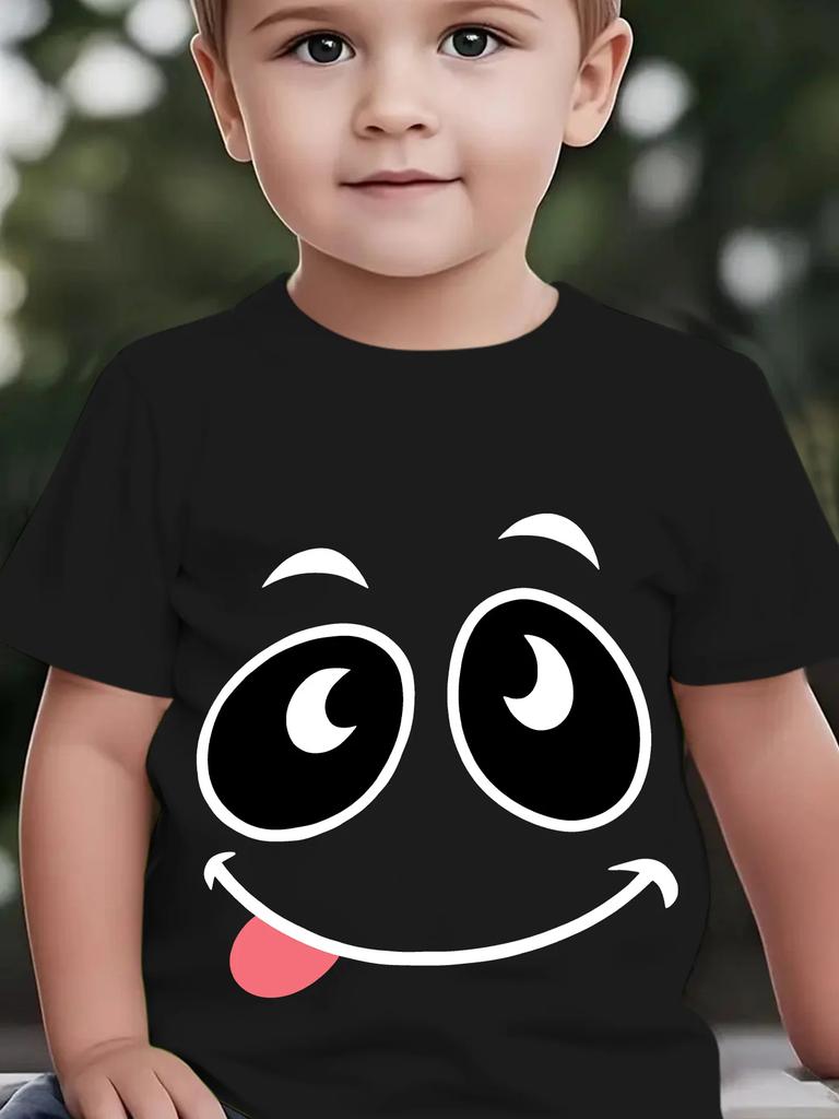 Cute Big Eyes Smiley Face Sticking Tongue Graphic Short Sleeve Tee Funny Cartoon Expression Print Casual Top For Toddler Kids