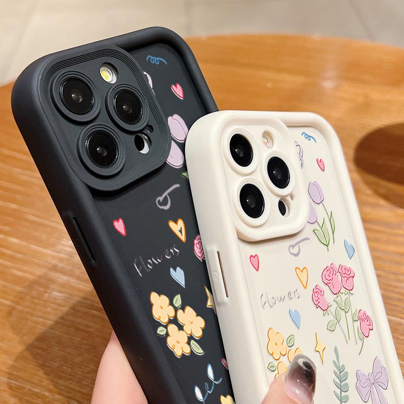 Ударопрочный чехол для телефона с мультяшным цветочным узором для iPhone 16 Pro Max 15 Pro 14 13 12 11 XS XR 8 7 силиконовый матовый TPU мягкий противоударный бампер