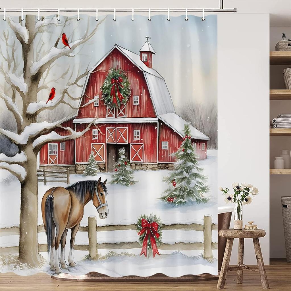 Winter Farm Shower Curtain Country Barn Wreath Horses Green Pine Tree Red Bird Snow Fence Vintage Rustic Happy New Year Holiday