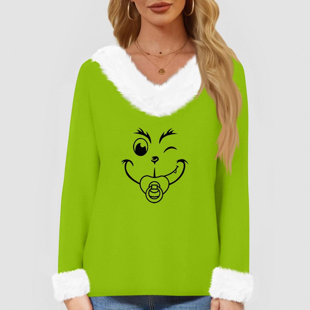 Women's T Shirt Tee Christmas Shirt Long Sleeve Party Christmas Print Fleece Collar V Neck Top