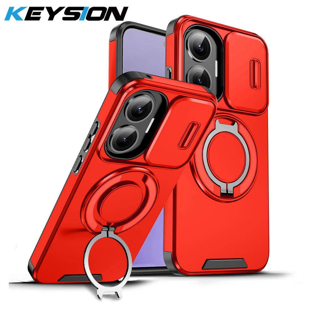 KEYSION Чехол-подставка с кольцом 360° для телефона Xiaomi POCO F7 со сдвижной защитой камеры, магнитная противоударная накладка для Redmi Turbo 4 Pro