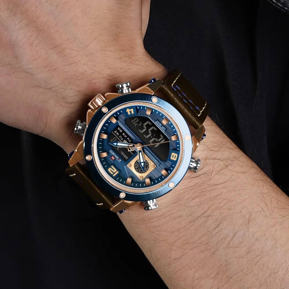 NAVIFORCE Luxury Men Quartz Watch Waterproof Multifunctional Bracelet Dual Display Watch for Men Chronograph Fasion Clock 9236