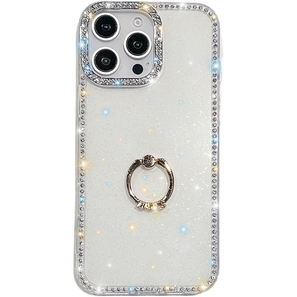For iPhone 15 Pro Case with Ring Kickstand Rhinestone Edge TPU+PC IMD Phone Cover
