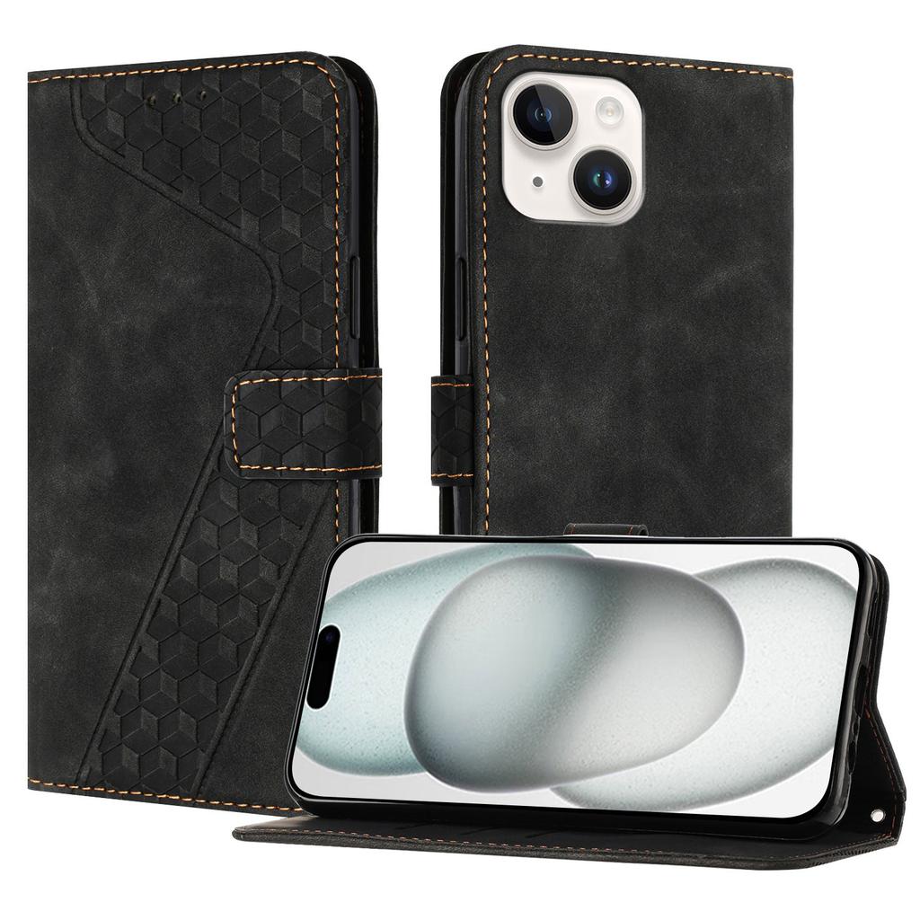 For iPhone 15 Leather Case 7-Shaped Pattern Wallet Stand Shockproof Phone Cover