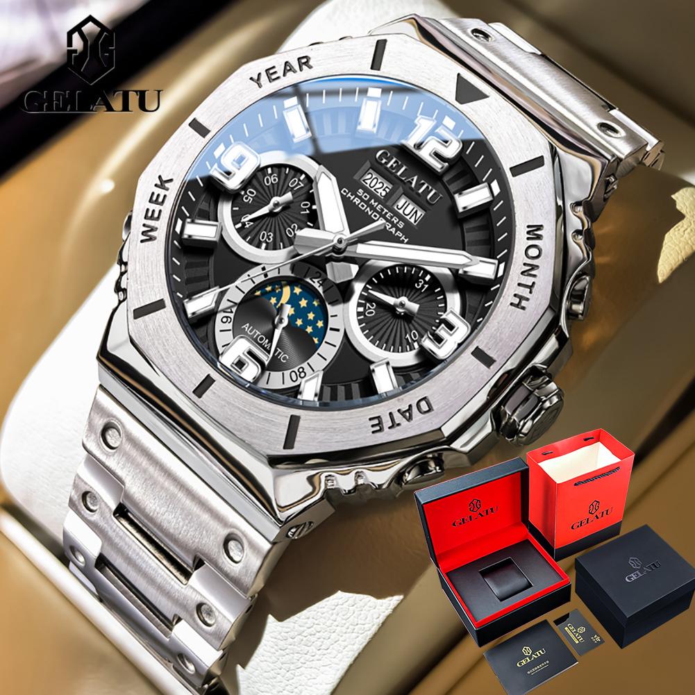 GELATU Men's Watches Luxury Fashion 316L Fine Steel Original Automatic Mechanical Wristwatch for Man Moon Phase Calendar 6030