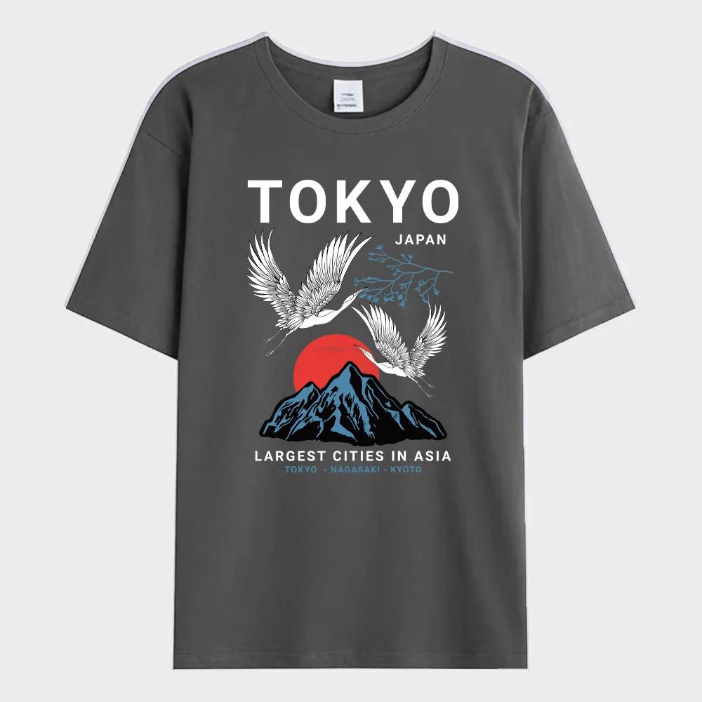 Летняя мужская футболка Япония Токио Принт летящего журавля Модная уличная футболка с коротким рукавом оверсайз Мужская одежда