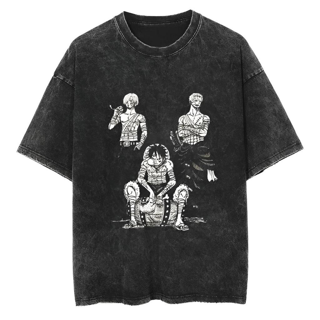 One Piece T Shirt Men Acid Wash Luffy Zoro Sanji Bandage Battle Damage Anime Graphic Cotton Vintage Streetwear Oversized Tee