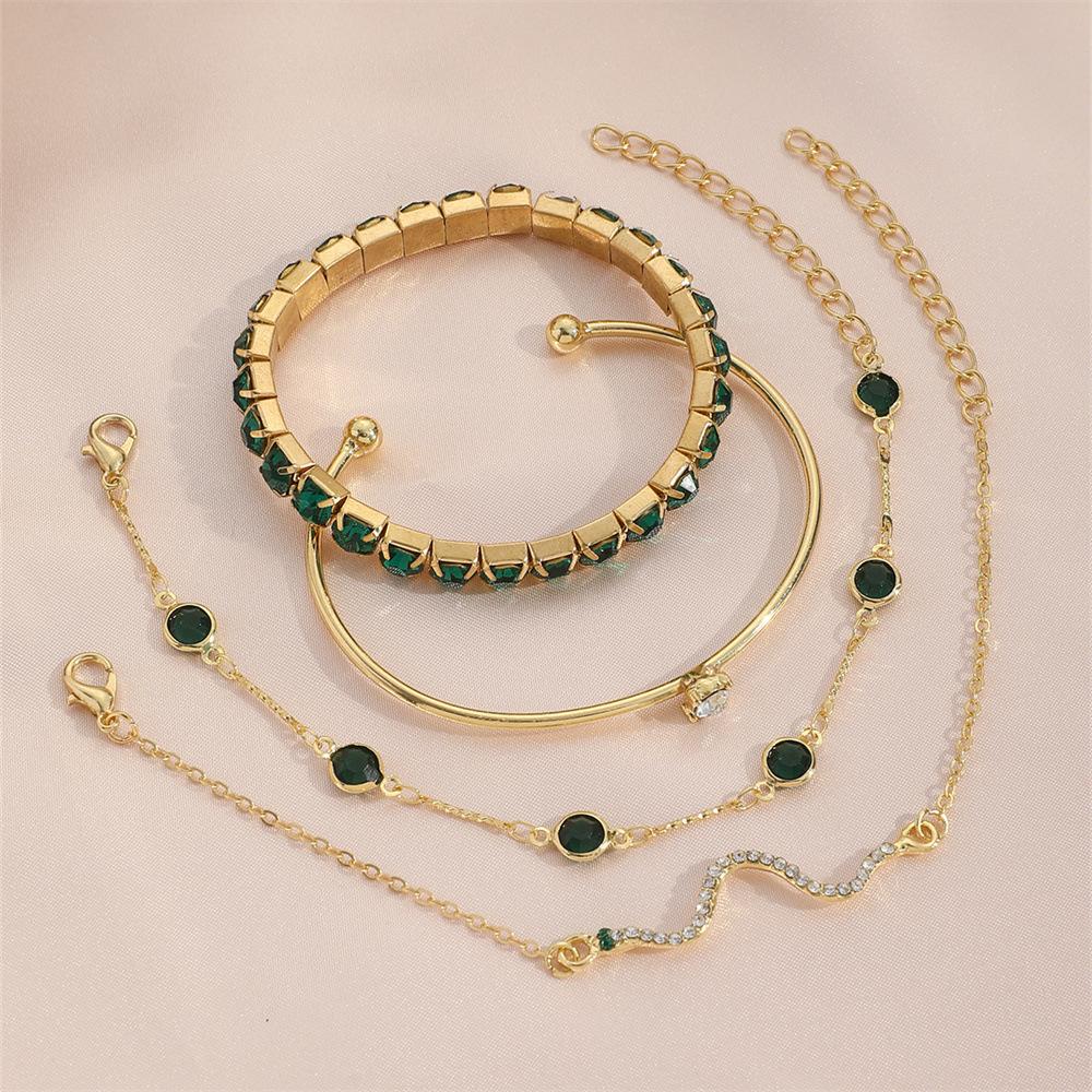 Green Open Bangle For Women Elegant Popular Imitation Gemstone Rhinestone Claw Chain 4pcs/Set Snake Bracelet [4pcs Elegant Green Gemstone Bangle]