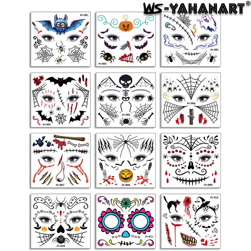 Halloween Funny Skull Tattoo Stickers, Masquerade Scar Horror Waterproof Face Stickers