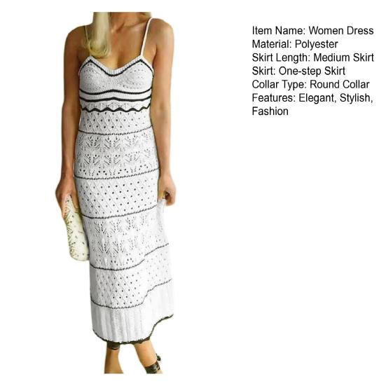Women's Crochet Sleeveless Long Dress Spaghetti Strap Eyelet Striped Midi Dress Summer Beach Knit Cami Dresses