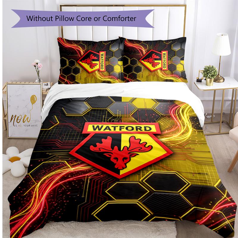 Watford Football Printed 3 Pieces Bedding Set, Comfortable Skin Friendly Bedroom Duvet Cover Set