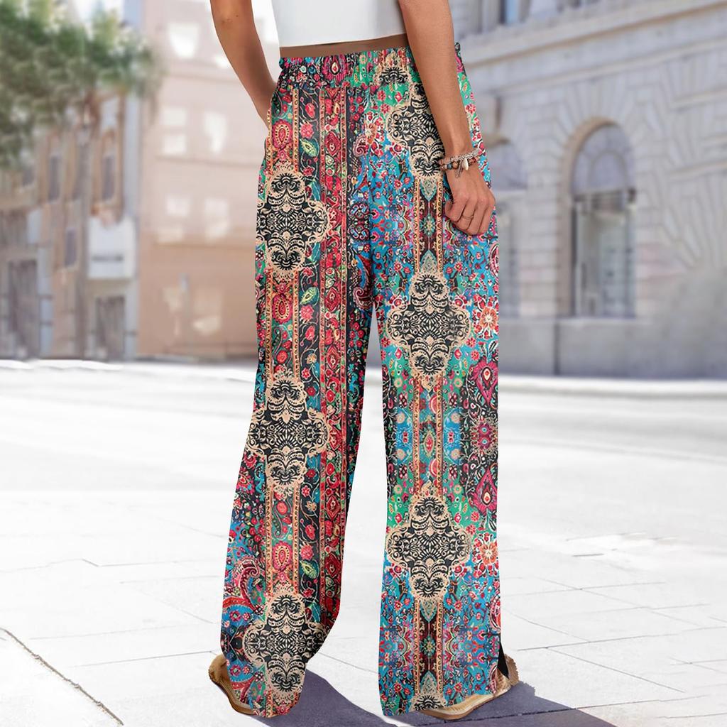 Women Summer Boho Palazzo Pants High Waist Wide Leg Floral Printing Casual Trousers With Pockets